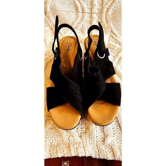 CLARKS Giselle Slingback Black Suede Wedge Sandals Women's 11M Adjustable Summer - Picture 2 of 6